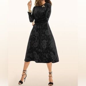 Johnny Was Embossed Stretch Velvet Elegant Black Floral Dress, M. NWT.
